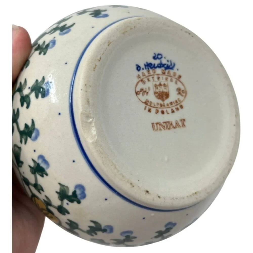 Boleslawiec Sugar Bowl Polish Pottery Unikat Floral Blue Yellow Covered Jar